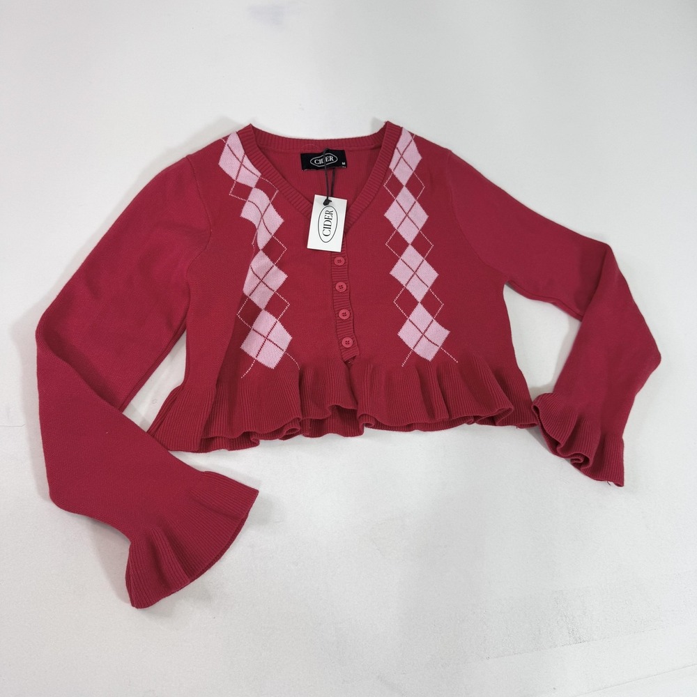 Cider Cardigan Sweater Womens M Pink Argyle Ruffle Button Front Preppy Holiday